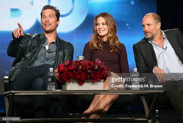 Actors Matthew McConaughey, Michelle Monaghan and Woody Harrelson speak onstage during the 'True Detective' panel discussion at the HBO portion of...