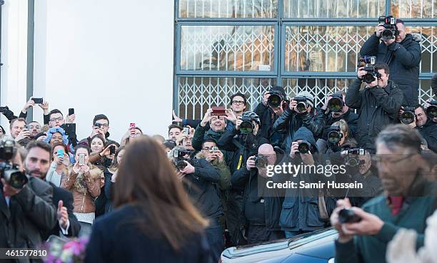 Catherine, Duchess of Cambridge faces photographers and crowds as she leaves after officially opening The Clore Art Room at Barlby Primary School on...
