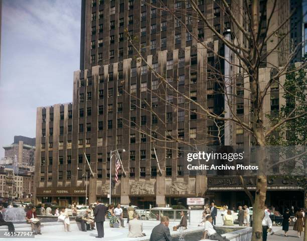 The base of the Rockefeller Center in New York City, USA, with the Radio City Music Hall on the right, circa 1960.