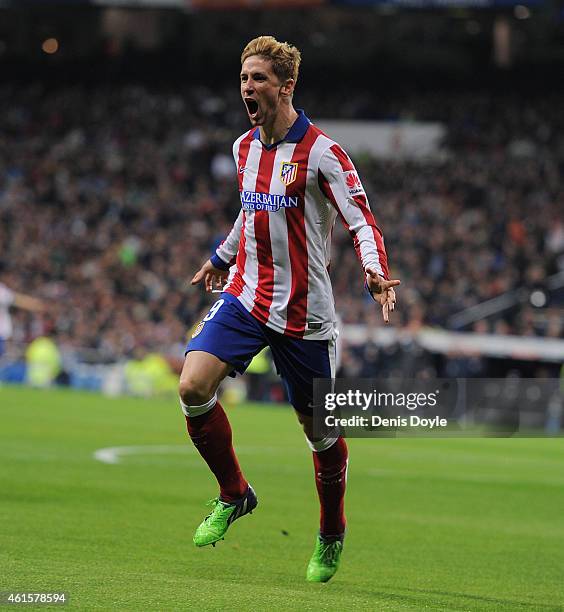 Fernando Torres of Atletico de Madrid celebrates after scoring Atletico's opening goal during the Copa del Rey Round of 16, Second leg match between...