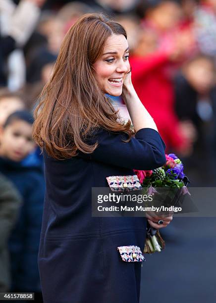 Catherine, Duchess of Cambridge departs after officially naming the Clore Art Room at Barlby Primary School on January 15, 2015 in London, England.