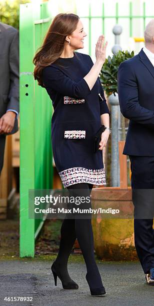 Catherine, Duchess of Cambridge arrives to officially name the Clore Art Room at Barlby Primary School on January 15, 2015 in London, England.