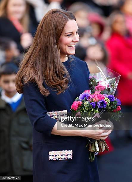 Catherine, Duchess of Cambridge departs after officially naming the Clore Art Room at Barlby Primary School on January 15, 2015 in London, England.