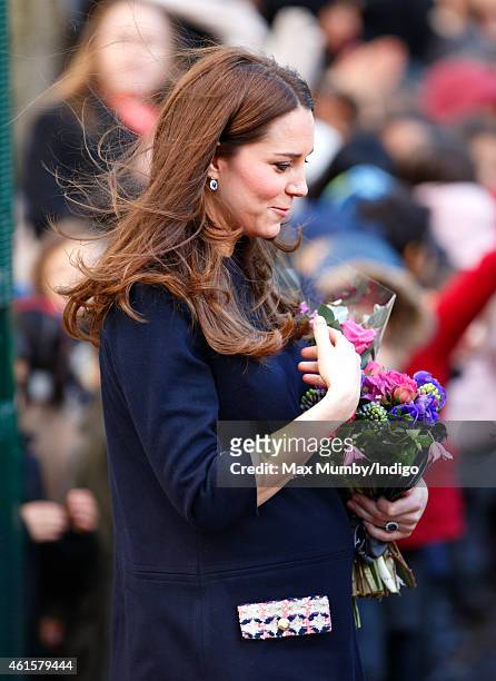 Catherine, Duchess of Cambridge departs after officially naming the Clore Art Room at Barlby Primary School on January 15, 2015 in London, England.