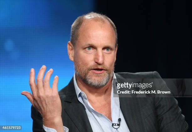Actor Woody Harrelson speaks onstage during the 'True Detective' panel discussion at the HBO portion of the 2014 Winter Television Critics...