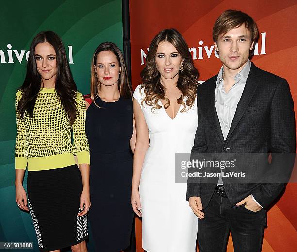 Alexandra Park, Merritt Patterson, Elizabeth Hurley and William Moseley attend the NBCUniversal 2015 press tour at The Langham Huntington Hotel and...