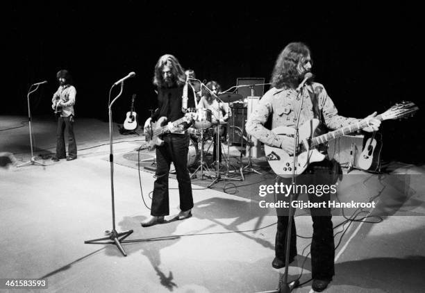 The Byrds perform live on stage in London in 1970. L-R Clarence White, Skip Battin, Gene Parsons, Roger McGuinn.