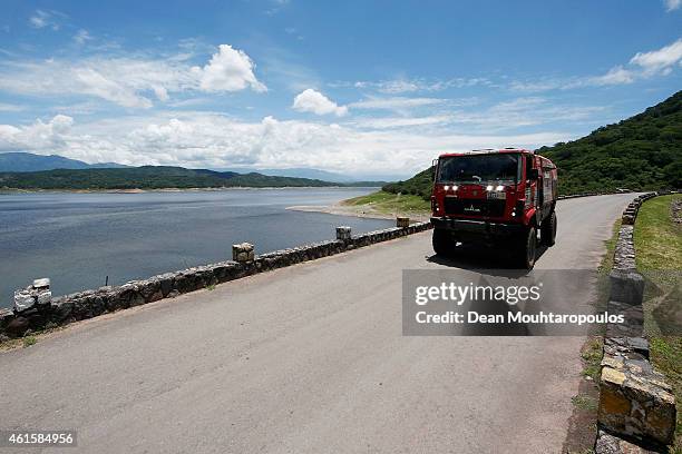 Siarhei Viazovich, Pavel Haranin and Andrei Zhyhulin of Belaraus for Maz Sportauto compete during Stage 11 on day 12 of the Dakar Rally between Salta...