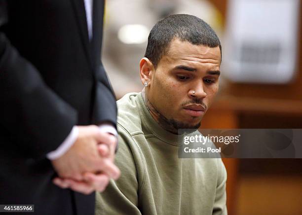 Singer Chris Brown attends a progress hearing at Los Angeles Superior Court on January 15, 2015 in Los Angeles, California. Brown was first placed on...