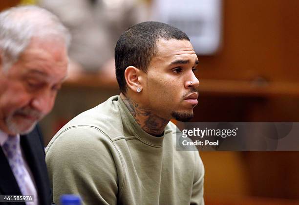 Singer Chris Brown attends a progress hearing at Los Angeles Superior Court on January 15, 2015 in Los Angeles, California. Brown was first placed on...