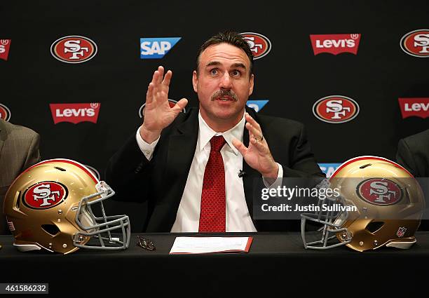 Jim Tomsula speaks during a press conference at Levi's Stadium on January 15, 2015 in Santa Clara, California. The San Francisco 49ers announced Jim...