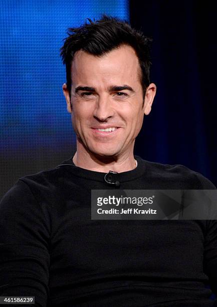 Actor Justin Theroux speaks onstage at the "The Leftovers" panel during the HBO Winter 2014 TCA Panel at The Langham Huntington Hotel and Spa on...