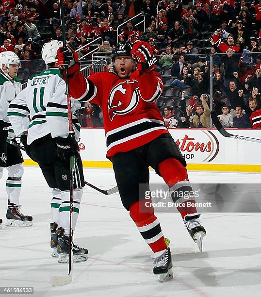 Michael Ryder of the New Jersey Devils celebrates his goal at 8:17 of the second period against the Dallas Stars at the Prudential Center on January...