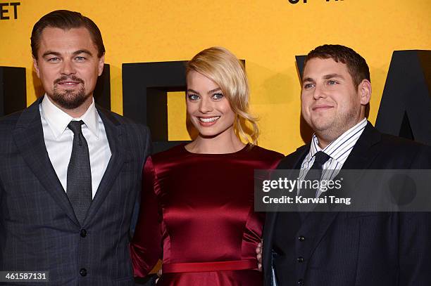 Leonardo DiCaprio, Margot Robbie and Jonah Hill attend the UK Premiere of "The Wolf Of Wall Street" at the Odeon Leicester Square on January 9, 2014...