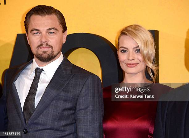 Leonardo DiCaprio and Margot Robbie attend the UK Premiere of "The Wolf Of Wall Street" at the Odeon Leicester Square on January 9, 2014 in London,...