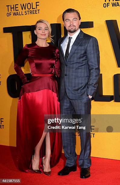 Margot Robbie and Leonardo DiCaprio attend the UK Premiere of "The Wolf Of Wall Street" at the Odeon Leicester Square on January 9, 2014 in London,...