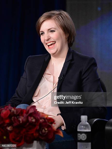 Actress/writer/executive producer Lena Dunham speak onstage at the "Girls" panel during the HBO Winter 2014 TCA Panel at The Langham Huntington Hotel...