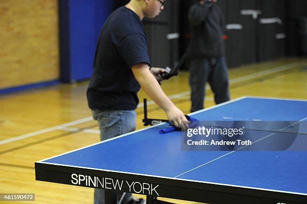 General view of atmosphere during Susan SarandonÕs visit to Brooklyn Technical High School to donate table tennis tables on behalf of SPiN New York...