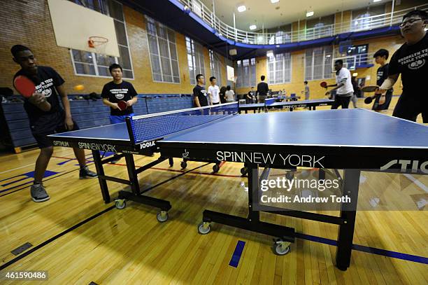 General view of atmosphere during Susan SarandonÕs visit to Brooklyn Technical High School to donate table tennis tables on behalf of SPiN New York...