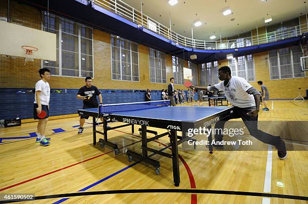 General view of atmosphere during Susan SarandonÕs visit to Brooklyn Technical High School to donate table tennis tables on behalf of SPiN New York...