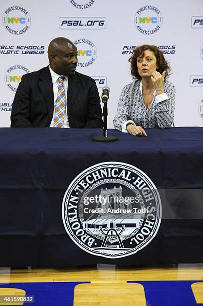 Executive Director at Psal, Donald Douglas speaks with Susan Sarandon during her visit to Brooklyn Technical High School to donate table tennis...