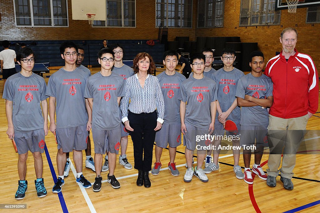 Susan Sarandon Visits Brooklyn Technical  High School to Donate Table Tennis Tables on Behalf of SPiN New York and STIGA