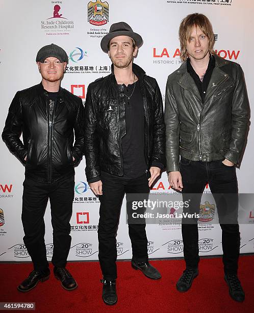 Rick Woolstenhulme Jr., Jason Wade and Bryce Soderberg of the band Lifehouse attend the LA Art Show 2015 opening night premiere party at Los Angeles...