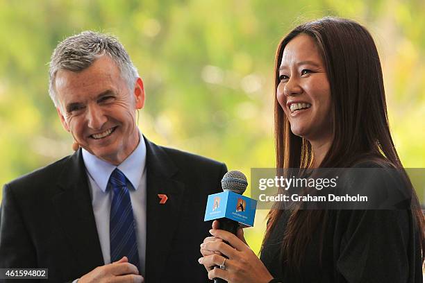 Na Li of China is interviewed by Bruce Mcavaney during the 2015 Australian Open Official Draw ahead of the 2015 Australian Open at Melbourne Park on...