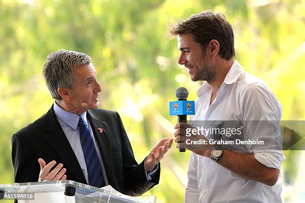 Stan Wawrinka of Switzerland is interviewed by Bruce Mcavaney during the 2015 Australian Open Official Draw ahead of the 2015 Australian Open at...