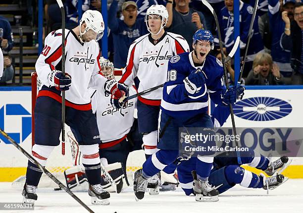 Ondrej Palat of the Tampa Bay Lightning celebrates his goal in front of Troy Brouwer and Nicklas Backstrom of the Washington Capitals at the Tampa...