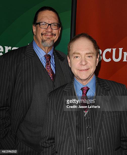Penn Jillette and Teller attend the NBCUniversal 2015 press tour at The Langham Huntington Hotel and Spa on January 15, 2015 in Pasadena, California.