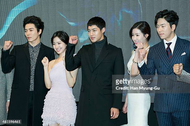 South Korean actors Kim Jae-Uck, Jin Se-Yeon, Kim Hyun-Joong, Lim Soo-Hyang and Yoon Hyun-Min attend the KBS Drama "Inspiring Generation" press...