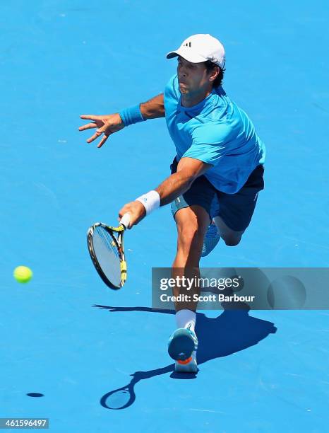 Fernando Verdasco of Spain plays a forehand during his match against Nick Kyrgios of Australia during day three of the AAMI Classic at Kooyong on...