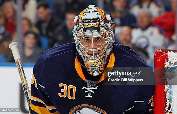 Ryan Miller of the Buffalo Sabres tends goal against the Phoenix Coyotes on December 23, 2013 at the First Niagara Center in Buffalo, New York.