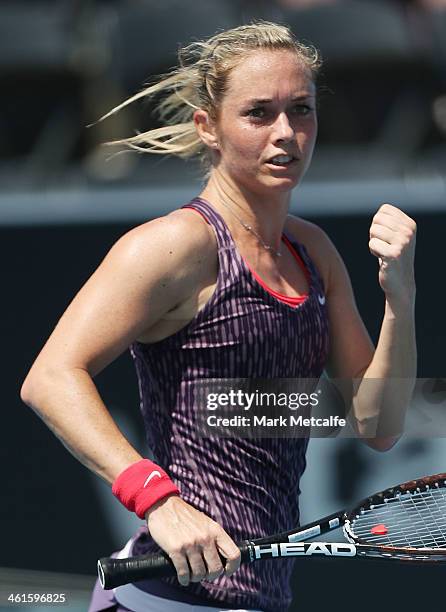 Klara Zakopalova of the Czech Republic celebrates winning set point in her semi final match against Sam Stosur of Australia during day six of the...