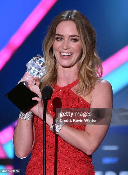 Actress Emily Blunt accepts the Best Actress in an Action Movie award for 'Edge of Tomorrow' onstage during the 20th annual Critics' Choice Movie...