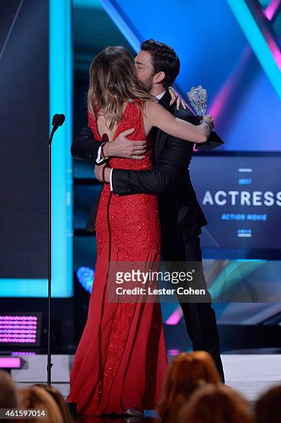Actress Emily Blunt and actor John Krasinski speak onstage during the 20th annual Critics' Choice Movie Awards at the Hollywood Palladium on January...