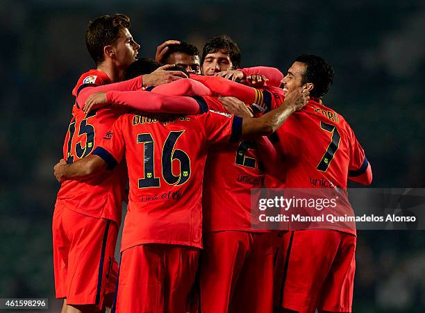 Players of Barcelona celebrate after during the Copa del Rey Round of 16 Second Leg match between Elche FC and FC Barcelona at Estadio Manuel...