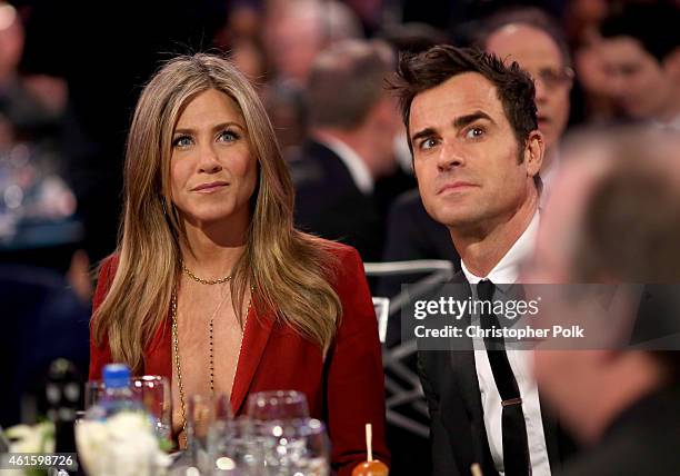 Actors Jennifer Aniston and Justin Theroux during the 20th annual Critics' Choice Movie Awards at the Hollywood Palladium on January 15, 2015 in Los...