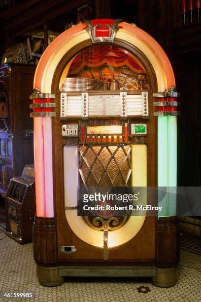 View of a Wurlitzer-brand jukebox in the Back Pages Antiques shop, New York, New York, 1982.