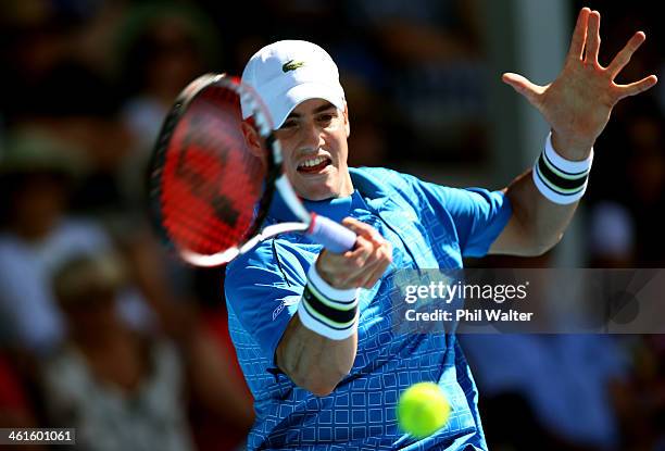 John Isner of the USA plays a forehand in his semi final match against Roberto Bautista Agut of Spain during day five of the Heineken Open at the ASB...