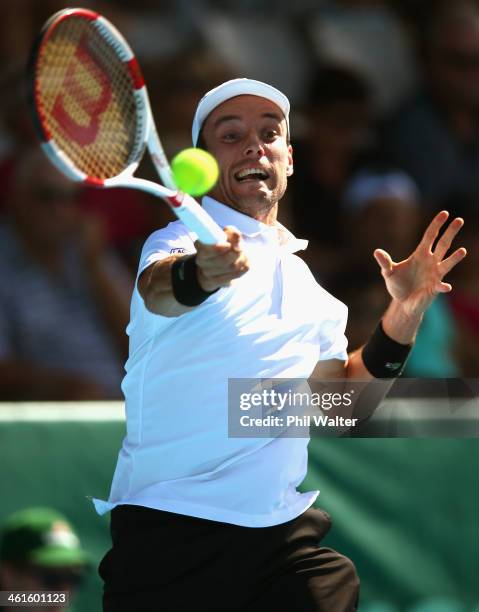 Roberto Bautista Agut of Spain plays a forehand in his semi final match against John Isner of the USA during day five of the Heineken Open at the ASB...