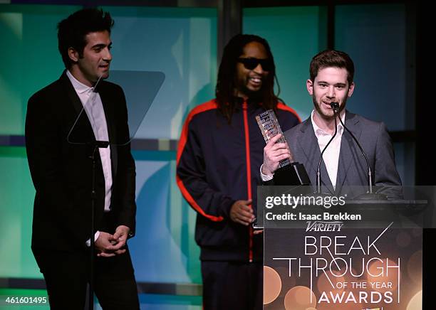 Honorees Rus Yusupov and Colin Kroll accept the Breakthrough Award for Emerging Technology from rapper Lil Jon onstage at the Variety Breakthrough of...