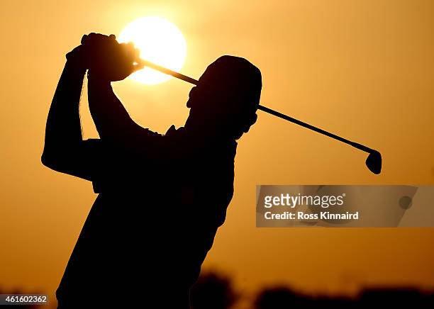 Paul Lawrie of Scotland on the driving range during the second round of the Abu Dhabi HSBC Golf Championship at the Abu Dhabi Golf Club on January...