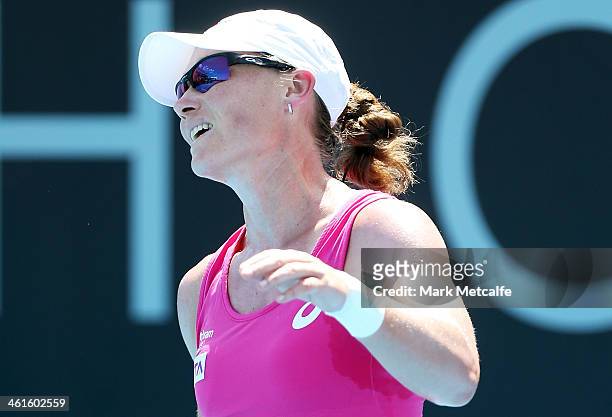 Sam Stosur of Australia reacts to losing a point in her semi final match against Klara Zakopalova of the Czech Republic during day six of the...