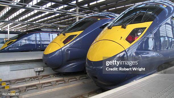 Noses of three of the Class 395 high-speed commuter trains built by Japan's Hitachi and used on services between London and Kent lined up at London's...