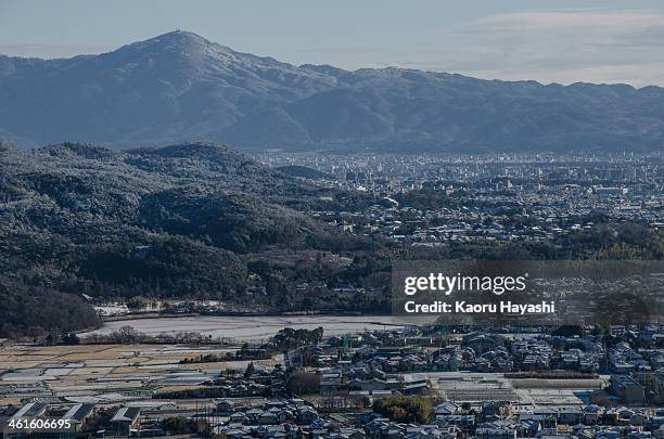 the view from ogurayama with snow, kyoto - mount hiei stock pictures, royalty-free photos & images