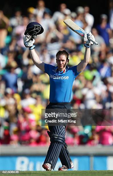 Eoin Morgan of England celebrates and acknowledges the crowd after scoring a century during the One Day International series match between Australia...