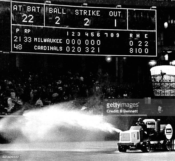 Zamboni clears water from the field after rain delayed the sixth inning during Game 6 of the 1982 World Series between the St. Louis Cardinals and...