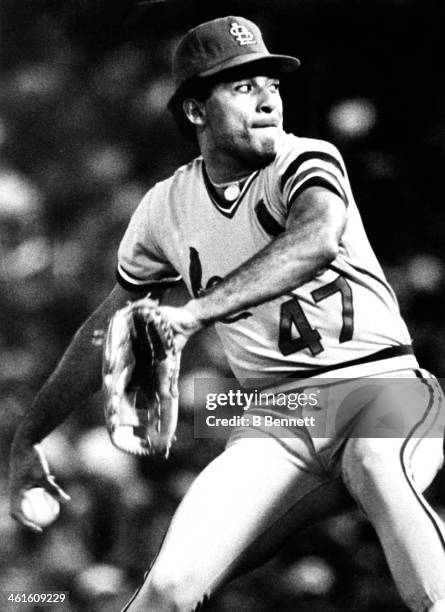 Pitcher Joaquin Andujar of the St. Louis Cardinals throws a pitch during Game 3 of the 1982 World Series against the Milwaukee Brewers on October 15,...